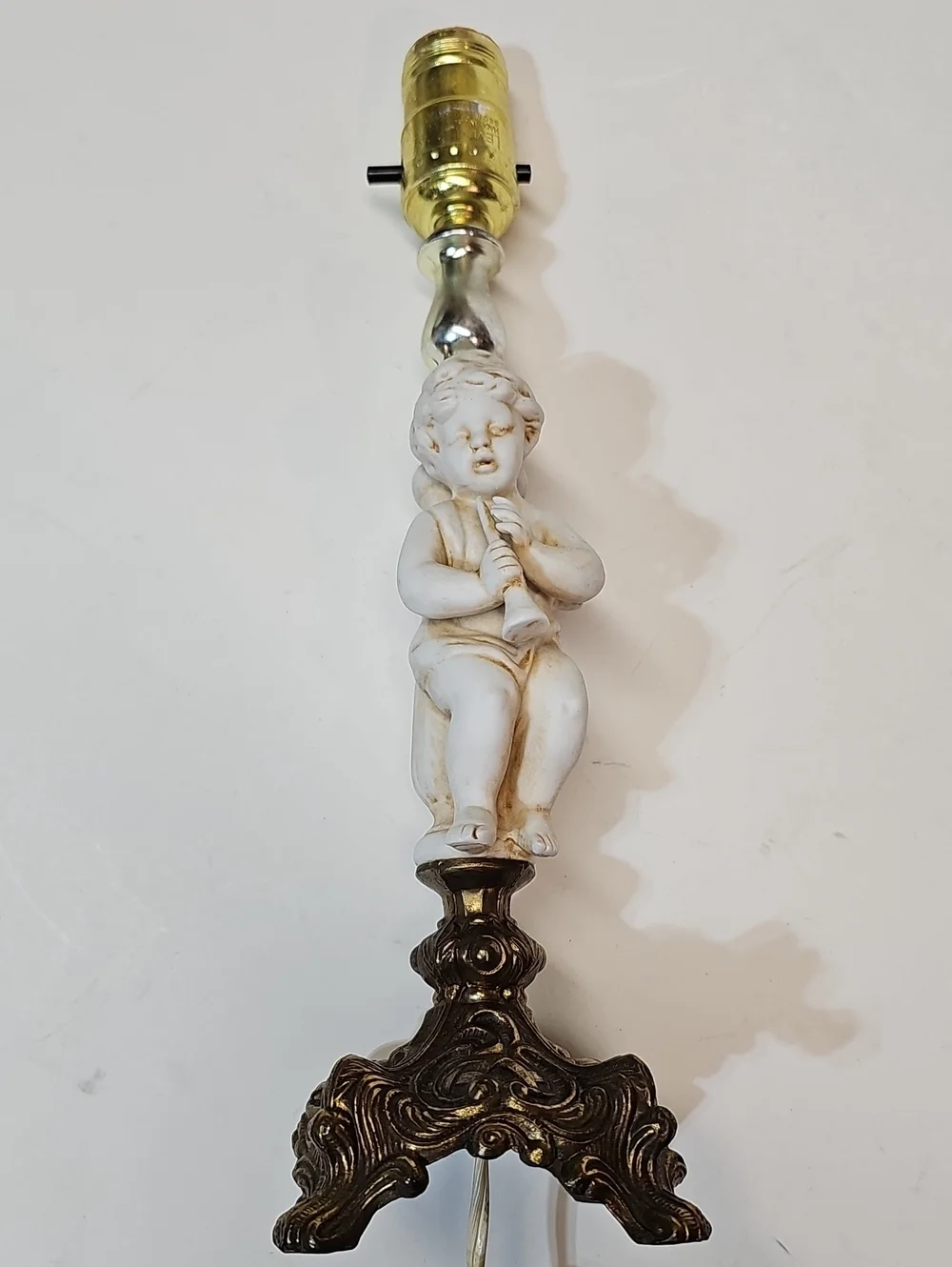 Vintage Midcentury Porcelain Bisque White Cherub Table Lamp with Brass Base